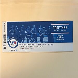 New York Rangers vs New Jersey Devils Ticket. 12/11/2016